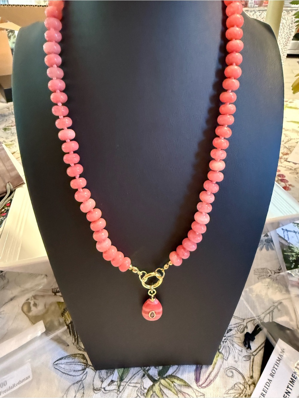 Coral Pink Beaded Necklace with Gold Toggle and Pendant
